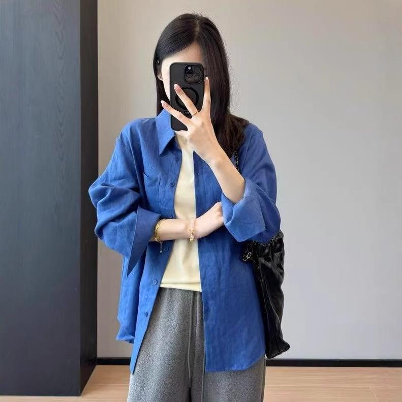 シャツ 女性用 春 通勤 通勤用 気質 通勤風 長袖 開襟 ワイドシルエット ゆったり 切り替え 麻 綿 接触冷感 吸湿速乾 軽量 伸縮性 白月光ブルー アイスブルー ライトブルー 純色 シンプル 春夏 秋 普段使い 部屋着