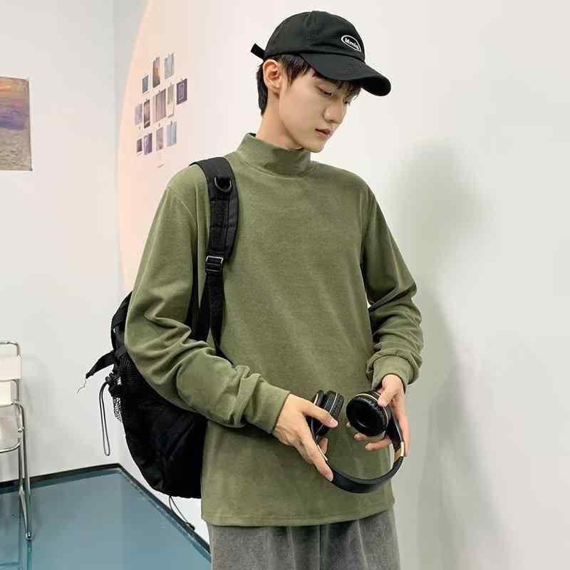 Tシャツ メンズ 長袖 高領 韓国風 インスピレーション トレンド かっこいい 合わせやすい ゆったりシルエット コットン混紡 ポリエステル混紡 耐摩耗 無皺加工 街頭スタイル 秋冬 暖か ベーシック ブラウン グレー ホワイト ブラック グリーン 普段