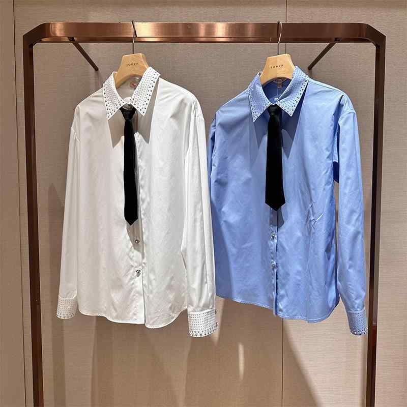 プルオーバー お上さん用 通い 精神状態 軽さ 綿原料品 純色 長袖 リボン結び 直筒影ぼうし 決まり切った丈 POLO領 標準尺度袖 名取り草 春陽 白いこと 青色 シングル乳ぶさ 95%綿 精神状態通い風