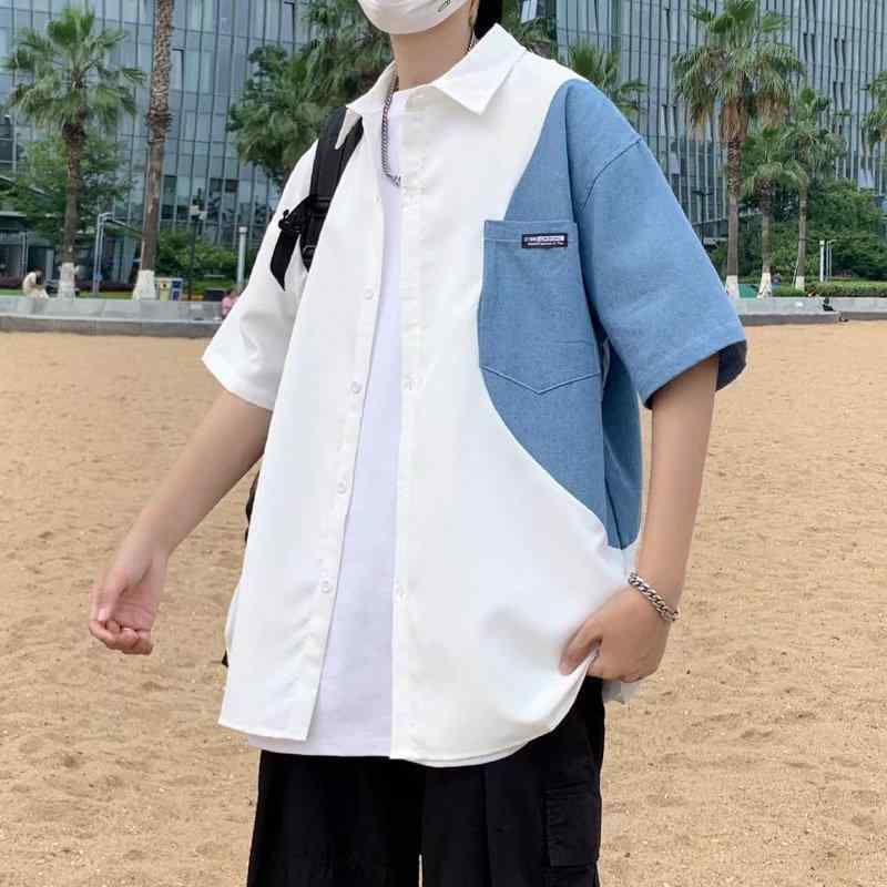 メンズ シャツ トップス デニム コットン 切り替え 柄 短袖 五分袖 開襟 ボタンシャツ ポケット 装飾 ゆったり シルエット 夏 春夏 シーズン 軽量 洗濯機洗い 可能 吸湿 速乾 機能 コットン 素材 50% ブレンド ホワイト ブラック カラー
