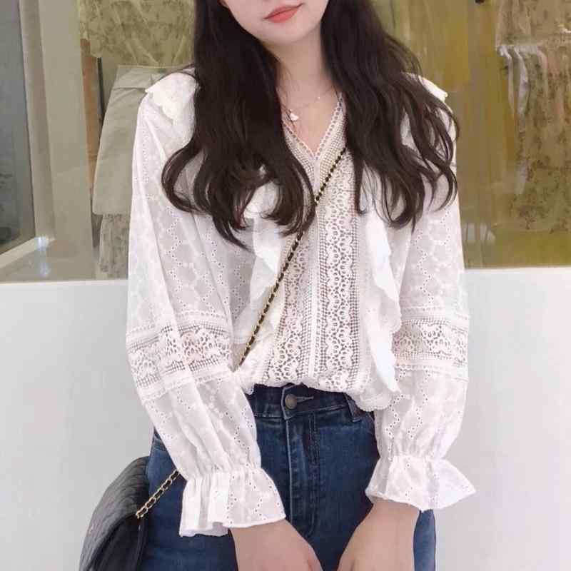 シャツ 女性用 秋 気質 通勤風 ファッション 甘め 透け感 レース 花柄 レースエッジ Vネック 長袖 トップス 切り替え ワイドシルエット 綿素材 純色 白色 セットインスリーブ 軽量 吸湿速乾 部屋着 普段使い