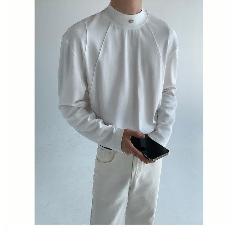 メンズ Tシャツ 長袖 半高領 オーバーサイズ 綿混紡 白色 ブラック ゆったりシルエット 耐磨 色牢度高 免?処理 3Dプリント風 冬季 秋冬 トップス レイヤード用 普段使い 部屋着 カジュアル ストレッチ性 軽量 通勤対応 アウトドア ユニセックス