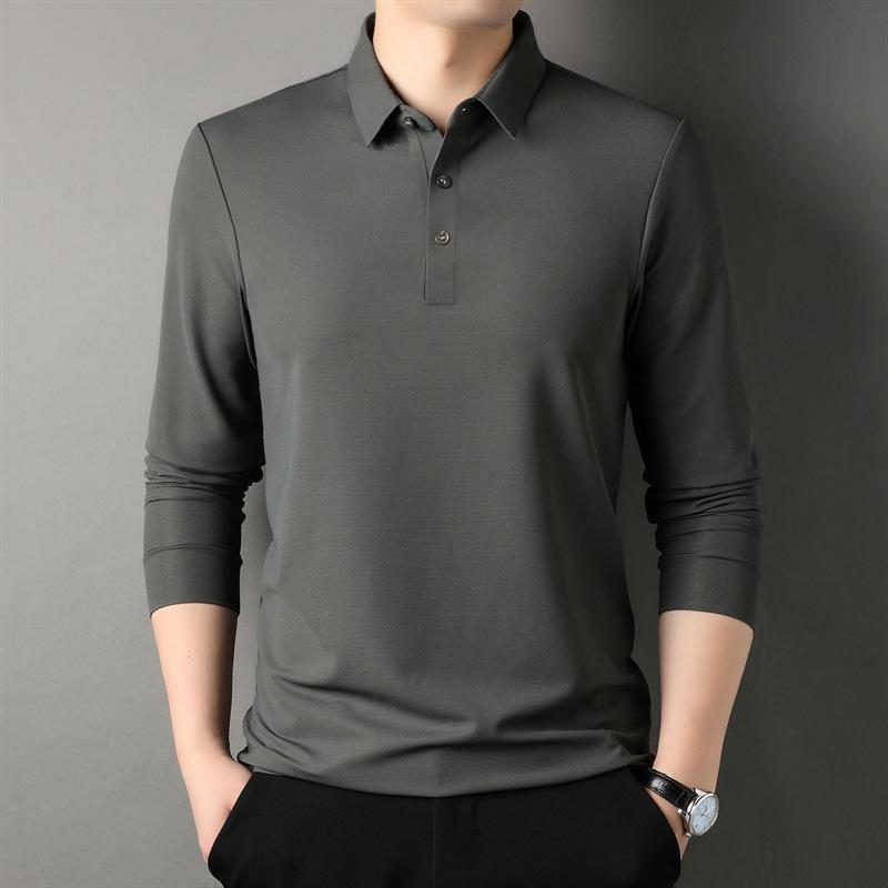 長袖Tシャツ メンズ ポロシャツ 男性用 中年向け ビジネスカジュアル 翻領 薄手 純色 トップス 直筒シルエット ニット混紡 ナイロン素材 日常使い 春夏 春秋 ブラック ブルー ダークグリーン カーキ グレーグリーン