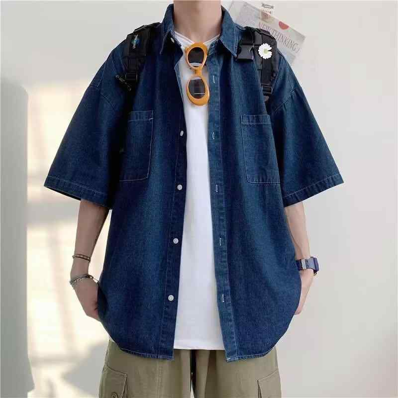 メンズ 半袖 デニム シャツ トップス 男性用 牛仔布 綿素材 免? 加工 軽量 快適 接触冷感 吸湿速乾 機能 夏 春夏 シーズン 深青 ライトブルー カラー ゆったり ルーズ フィット 開襟 デザイン ポケット アクセント ポケット 青少年 向け 休