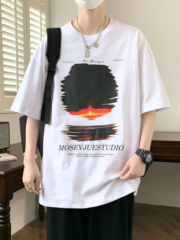 Tシャツ メンズ 短袖 学生服 ゆったり コットン 混紡 透気性 吸湿速乾 薄手 丸首 無帽 プリント 幾何模様 日常着 春秋 カジュアル トップス 青少年 男児 男装 半袖 ワイドシルエット かっこいい スタイル 軽量 伸縮性 白色 黒 グレー カーキ