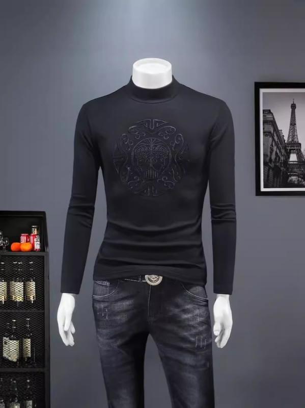 Tシャツ メンズ 長袖 半高領 刺繍 修身 秋冬 保暖 インナー 綿麻混紡 黒 セットインスリーブ プリント 幾何学柄 ノンアイロン 軽量 ストレッチ ゆったりフィット 日常使い カジュアル レイヤード トップス ヒートテック 暖か素材