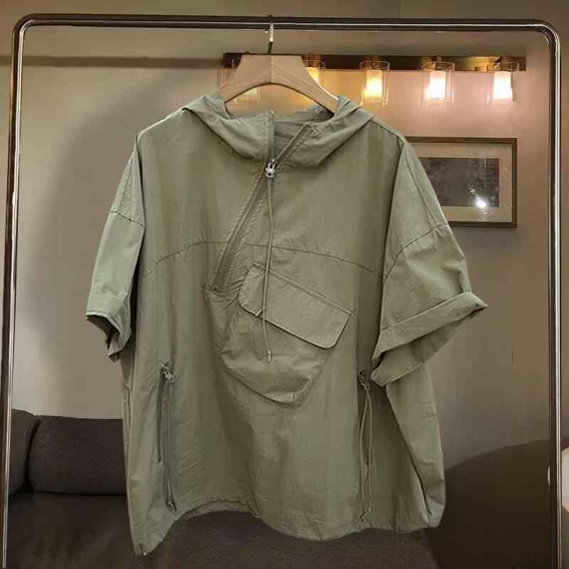 メンズ Tシャツ 連帽 短袖 ジッパー デザイン 夏 綿素材 接触冷感 吸湿速乾 ゆったりシルエット 大型ポケット 七分袖 かっこいい カラーブラック ホワイト カーキ 軽量 通勤 普段使い アウトドア 伸縮性