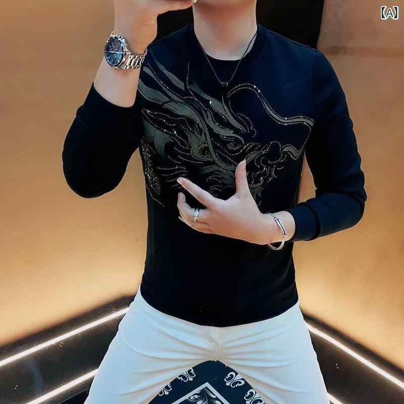 メンズ 長袖 Tシャツ 秋 トップス 痞? 軽量 高級感 打底 レイヤード 動物 プリント 龍 デザイン 合体 スリム フィット 薄手 ポリエステル 混紡 綿 素材 免? 加工 抗菌 吸湿 速乾 黒 色 ラウンドネック セットインスリーブ ピースカラー