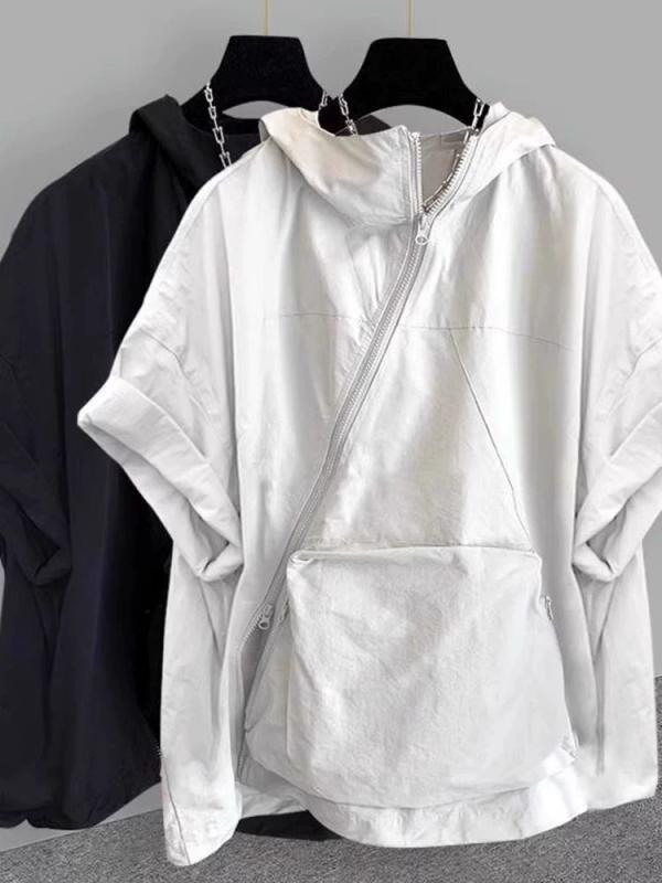 Tシャツ メンズ 連帽 短袖 ジッパー デザイン 韓国風 トレンド ワークウェア スタイル 大型ポケット ゆったり シルエット 夏 日常使い ポリエステル 混紡 無地 透気性 黒 白 ベーシック トップス ラフ コーデ 軽量 機能 ユニセックス ティーン