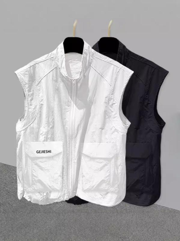 メンズ 工装風 スタンドカラー ノースリーブ Tシャツ 開襟 ジップ 無帽 ミドル厚 ソリッドカラー 化繊混紡 ポリエステル ポリエステル裏地 ゆったりシルエット 多ポケット 丸底 春秋 黒 白 スポーツ 青年向け ノーアイロン加工 カジュアル 普段使い