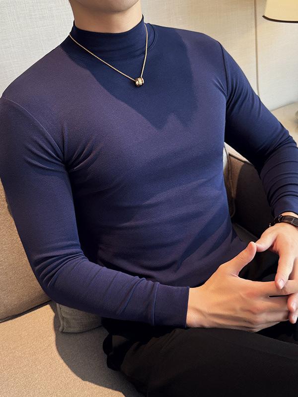 メンズ 半高領 短袖 Tシャツ 韓版 修身 コットン インナー 弾力 トップス スレンダーフィット 純色 セットイン 春秋 透気 日常 白色 ブラック グレー ミリタリーグリーン ネイビー オレンジ イエロー ブラウン 軽量 伸縮性