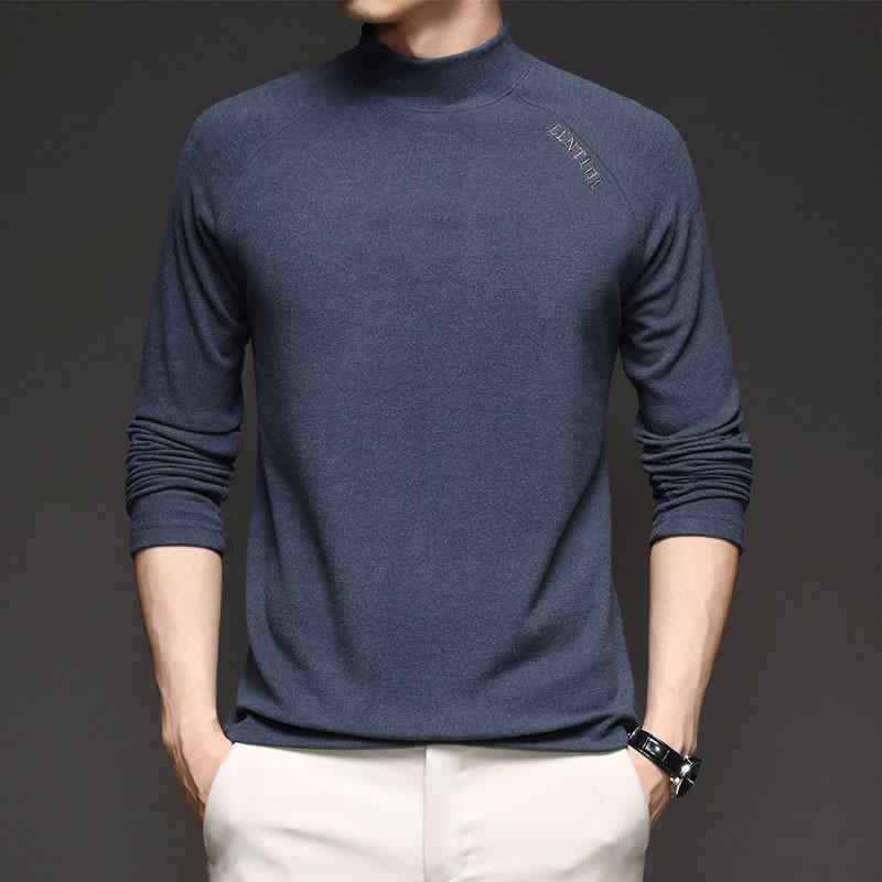 メンズ 長袖 半高領 Tシャツ インナー 保暖 厚手 裏起毛 修身 化繊混紡 接触冷感 吸湿速乾 軽量 伸縮性 純色 セットインスリーブ クルーネック ブラック グレー ブラウン ネイビー 秋冬 普段使い カジュアル 部屋着 アウトドア