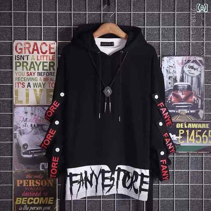 メンズ 長袖 フーディー 春夏 秋冬 ヒップホップ ストリートファッション ゆったり トップス ポリエステル 混紡 ロゴプリント 幾何学柄 切り替え カジュアル 日常使い 学生向け 青少年用 セットインスリーブ ノンアイロン加工 ユニセックス ラフスタイ