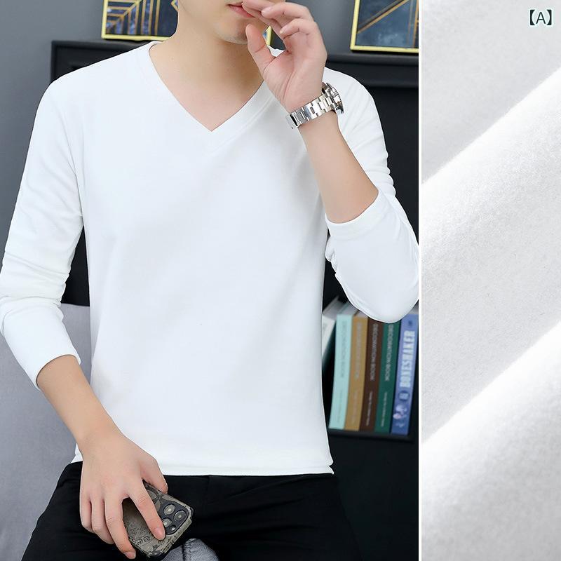 メンズ Tシャツ 長袖 Vネック インナー 秋冬 加厚 保暖 快適 修身 透気 耐摩耗 ポリエステル 無地 セットインスリーブ 厚手 日常使い 白色 ネイビー ブラック ライトブルー グレー ベージュ ブラウン ライトグレー ダークグレー ピンク系