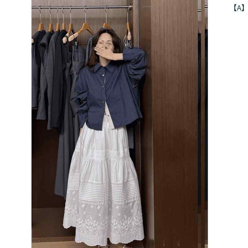 レディース 長袖 シャツ ポロ襟 ブルー 格子柄 春夏 切り替え トップス ゆったり シルエット 気品 ストレッチ 素材 条紋 パターン 私服 スタイル 軽量 吸湿速乾 普段使い コーディネート ワイド フィット ネックライン 姫袖 カジュアル センス｜シャドーテール