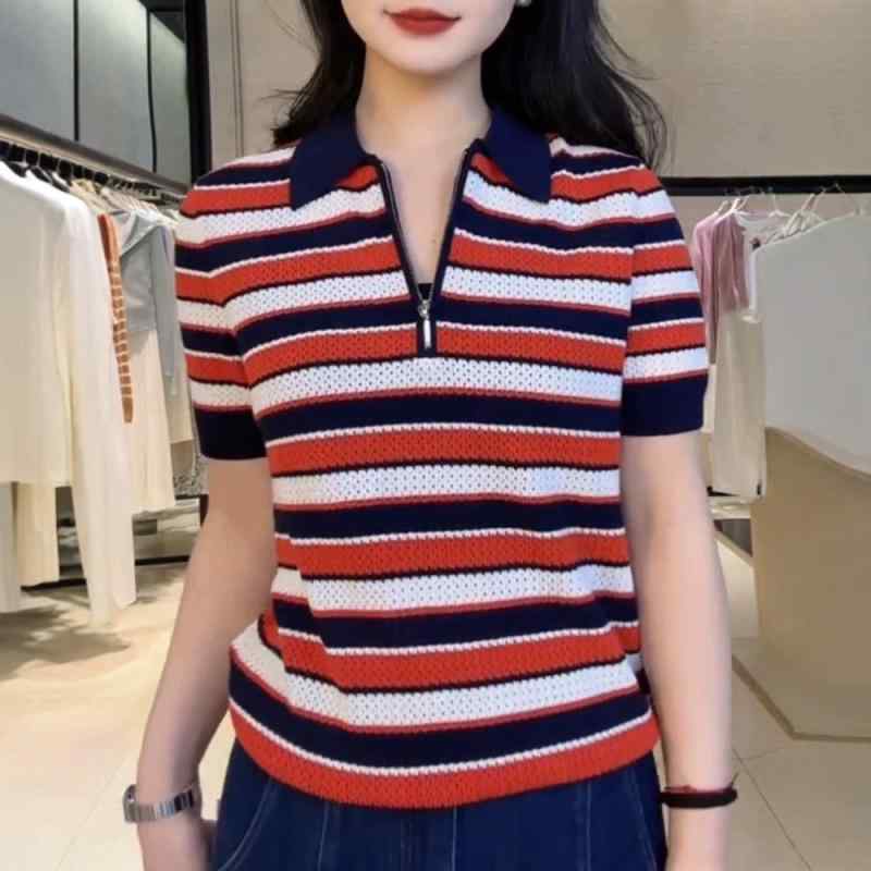 ニット トップス 女性用 春夏 赤 ピンク系 ストライプ 切り替え ポロカラー 半袖 ルーズフィット 薄手 接触冷感 綿混 ポリエステル ビスコース 吸湿速乾 気質 通勤 普段使い 軽量 伸縮性 短丈 セットアップ 基本 韓国風
