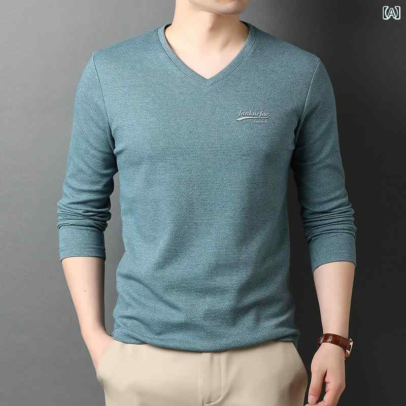 メンズ Tシャツ 長袖 Vネック 修身 コットン 混紡 春秋 青年 男性用 トップス レイヤード 韓流 スタイル 純色 徽章 プリント 透気性 防皺 耐摩耗 高伸縮 防汚 色牢度 豆緑 霧青 墨緑 茶色 黒灰 革ピンク 深緑 深青 普通厚 セットイン 袖