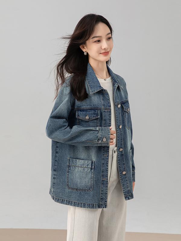 デニムジャケット 女性用 秋 ミッドセブン ワイドシルエット 長袖 ターンカラ コットン ブルー マルチポケット ビンテージ ウォッシュ加工 ルーズフィット ストリートスタイル コーディネート 軽量 伸縮性 吸湿速乾 通勤 普段使い アウトドア