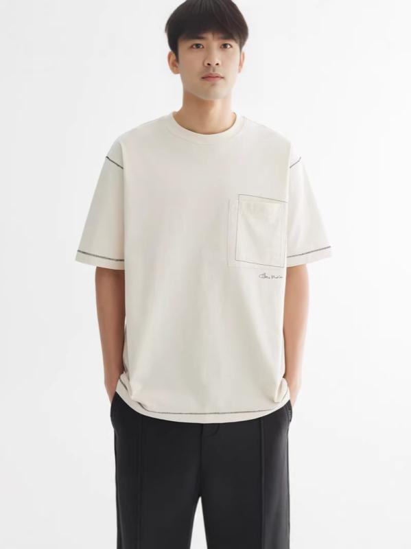 メンズ Tシャツ トップス 韓国風 男性用 短袖 丸首 ゆったりシルエット 純色 綿混紡 透気性 通気 夏用 休? 普段使い ステッチ 明線 加工 白色 ブラック 軽量 吸湿速乾 伸縮性 カジュアル