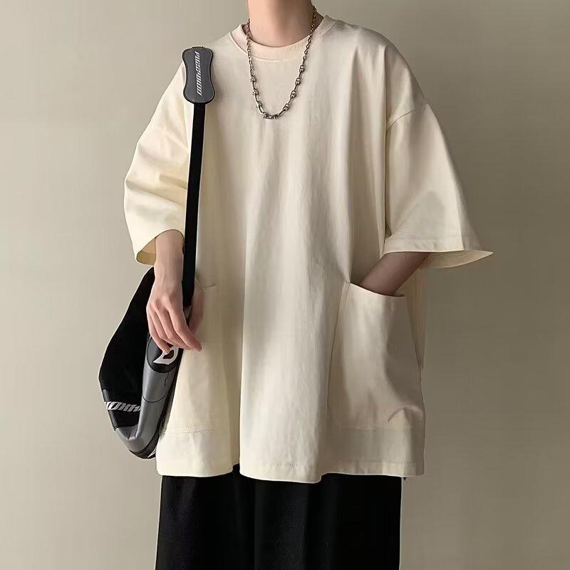 メンズ 短袖Tシャツ 韓風 夏用 綿100 ゆったりシルエット 丸首 落肩袖 大型ポケット 純色 杏色 ブラック 日常カジュアル 吸湿速乾 軽量 半袖トップス 男性用 半袖シャツ ゆったりフィット 通勤 外出 部屋着