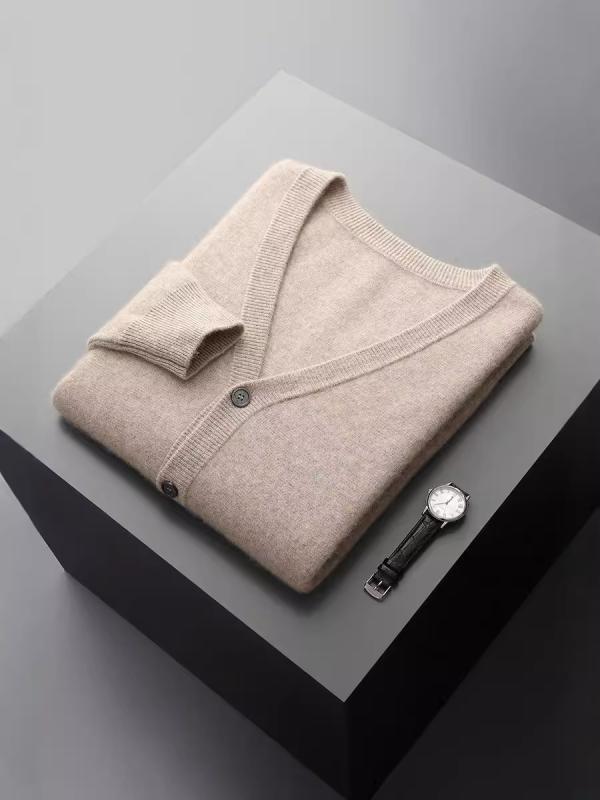 カーディガン メンズ 秋冬 100% 羊毛 Vネック ロングスリーブ ボタン留め 厚手 暖かみ 軽量 シワになりにくい 韓国風 ゆったりシルエット ロブヘム ビジネス カジュアル シニア 男性用 長袖ニット トップス ブラック グレー ベージュ 秋冬 暖|シャドーテール