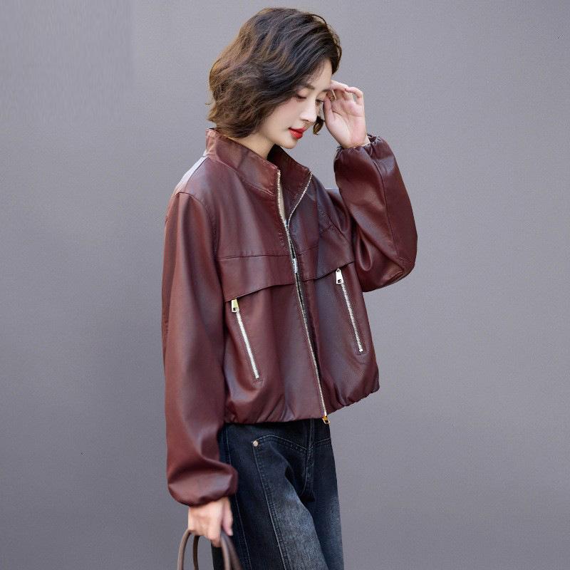 レディース 赤 皮革 ジャケット 秋冬 コート 通勤 風 ショート 丈 ワイド シルエット スタンドカラー PU 素材 長袖 A ライン 軽量 デザイン 女性用 秋 スタイル 気質 ファッション トップス ブラック 選択 可能 吸湿 速乾 加工