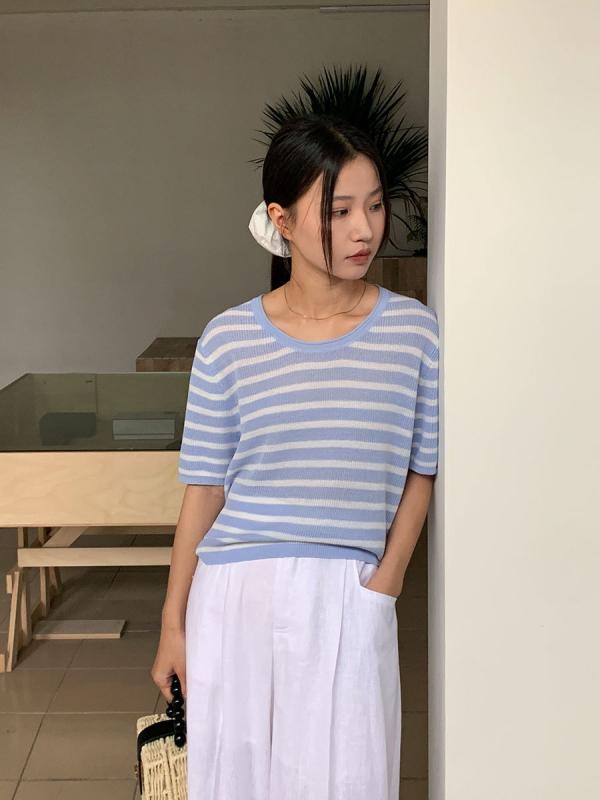Tシャツ レディース 夏季 羊毛混 条紋 ニット トップス 韓国風 ルーズフィット 丸首 半袖 接触冷感 アイスクリームカラー 深宝藍 浅藍白 黄色 緑 藍 ・稀色 杏色 日韓カジュアル 普段使い 吸湿速乾 軽量 伸縮性 再生繊維 ニット生地 丸襟 ワイド