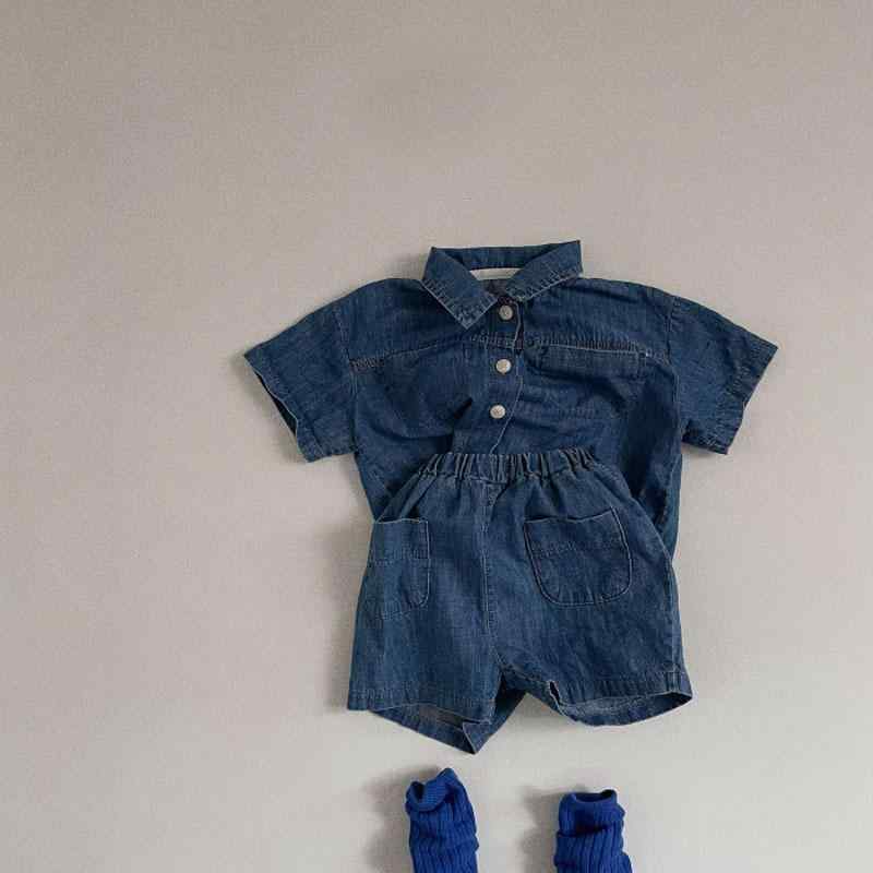 ベビー キッズ 男女 夏用 短袖 牛仔 シャツ 短パン セット 綿素材 柔らか 軽量 通気性 純色 浅青 深青 1-3歳 80-100cm 普段使い 遊び着 カジュアル コーディネート