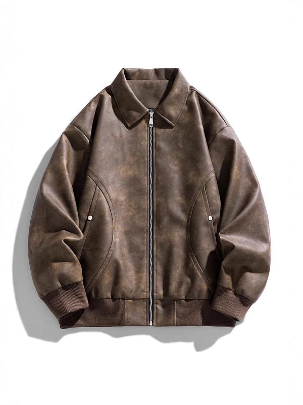メンズ 皮ジャケット 秋冬 シンプル ゆったり ルーズフィット コート スタンドカラー ジップアップ 無帽 PUレザー ポリエステル裏地 防水 保暖 防風 メンズ 大きいサイズ 日常 使い 秋冬 メンズ トップス 金属装飾 サイドポケット ストレートヘム