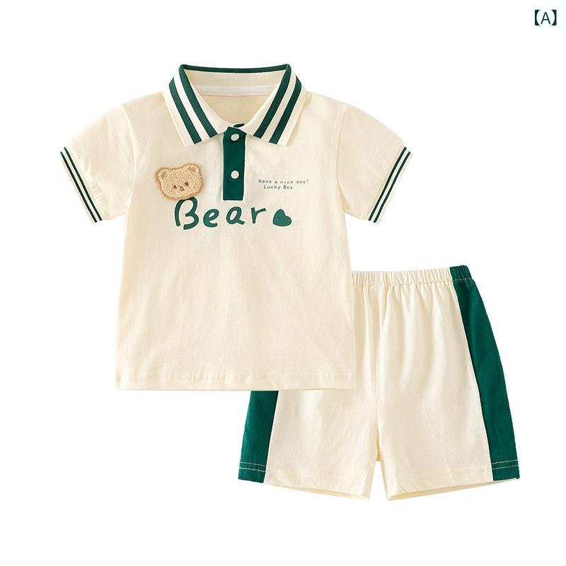 男児 短袖 夏服 セット 短パン Tシャツ ベビー 純棉 薄手 夏用 分体 服 男童 スポーツスタイル 2点セット 柔らかい素材 100%綿 吸湿速乾 軽量 接触冷感 かわいい ・柑通柄 ベアデザイン ストライプパターン 1～3歳 66～130cm 夏用