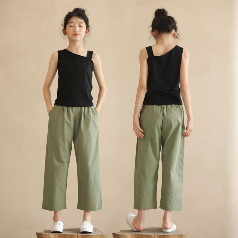 キッズ 女の子 ユニセックス 夏用 九分パンツ 薄手 綿100 柔軟素材 グリーン 純色 高腰 松緊腰 ゆったりフィット 軽量 吸湿速乾 日常使い 学校用 中学生向け 日式カジュアル