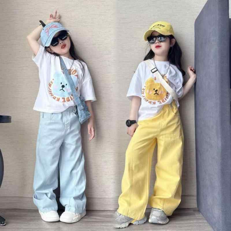 女児 キッズ 夏季 春夏 セットアップ 2点セット 短袖 Tシャツ トップス 工装パンツ ロングパンツ 薄手 柔らかい ポリエステル 化繊 素材 伸縮性 吸湿速乾 接触冷感 ブルー イエロー カラーバリエーション かわいい プリント 字母柄 トレンド フ