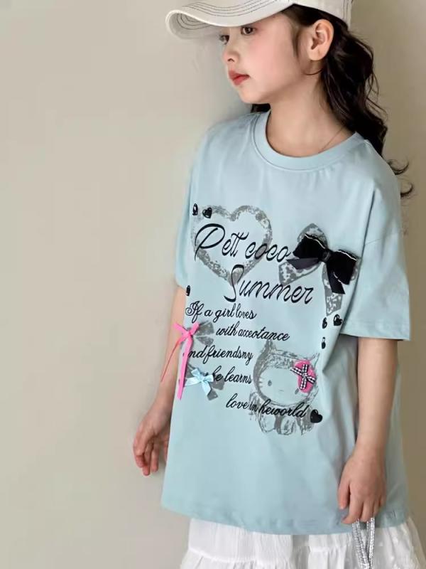 女児 Tシャツ 女の子 短袖 トップス 春夏 夏季 綿 100% 柔らかい 丸首 百搭 かわいい カジュアル 軽量 吸湿性 速乾 接触冷感 浅いブルー ライトブルー 日常使い 通学用 遊び着 部屋着 伸縮性 薄手 快適 ベビー服 キッズ服 子供服 幼児服