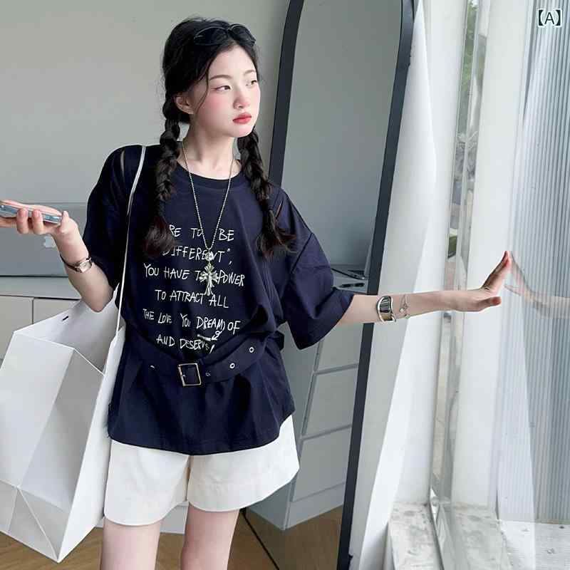 キッズ 女の子 春夏 トップス Tシャツ かわいい 韓風 ゆったり ルーズ ワイド シルエット 収腰 スリム 効果 ラウンドネック 丸首 短袖 半袖 綿混紡 柔らかい 吸湿速乾 排汗 機能 ネイビー 紺色 ホワイト 白 シンプル 百搭 普段使い 通学 遊