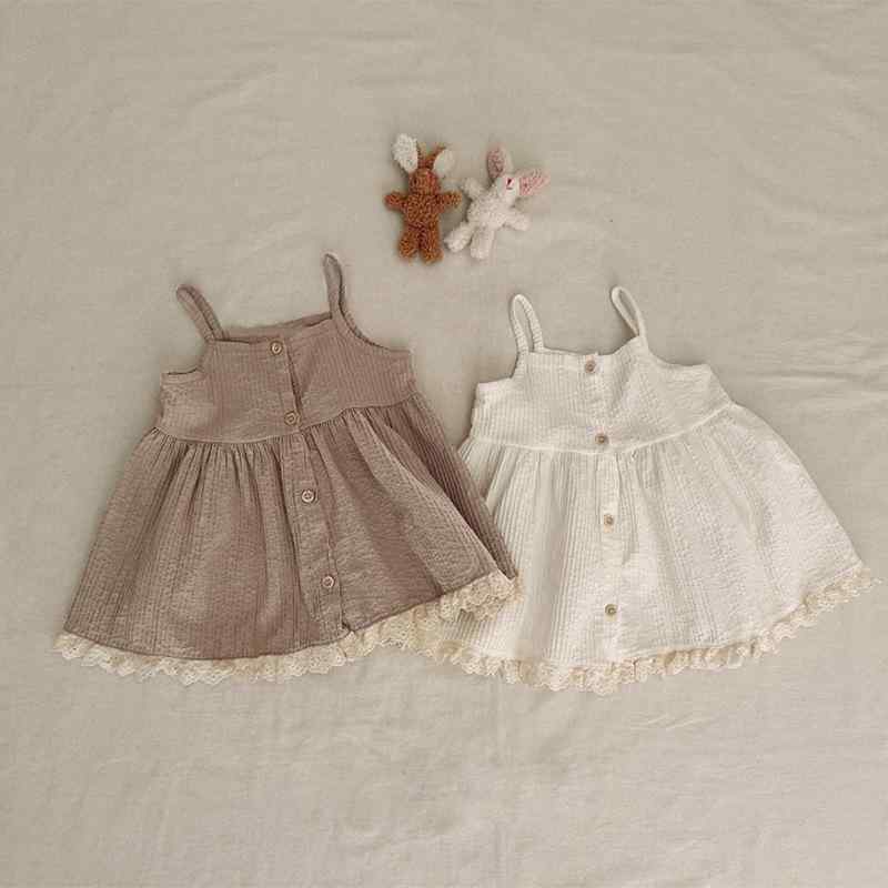 女児 吊り帯 ワンピース 女の子 夏用 韓国風 かわいい 子供服 綿素材 柔軟 純色 Aライン ストラップ トップス 軽量 接触冷感 ホワイト ベージュ 中小児 3-8歳 100-140cm