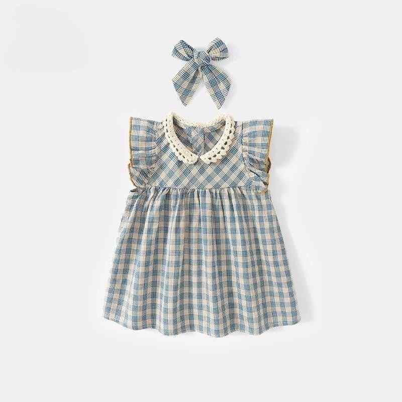 女児 ワンピース 子供 女の子 夏 秋 綿 柔軟 格子柄 Aライン スカート キャミワンピース かわいい 学院風 軽量 通気性 100-140cm ブルー 蝶結び アクセサリー セット 日常遊び着 礼服風