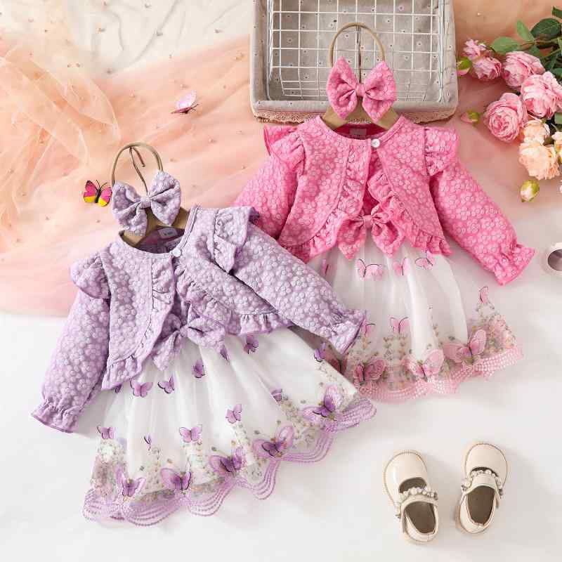 ベビー 女の子 かわいい 長袖 ワンピース セット 秋冬 ピンク 紫 桃色 セットアップ 3点組 チュール レース 花辺 蝶結び 長袖 トップス 背心 ワンピース ヘアバンド 柔らかい ポリエステル プリンセス スタイル 幼児 1-3歳