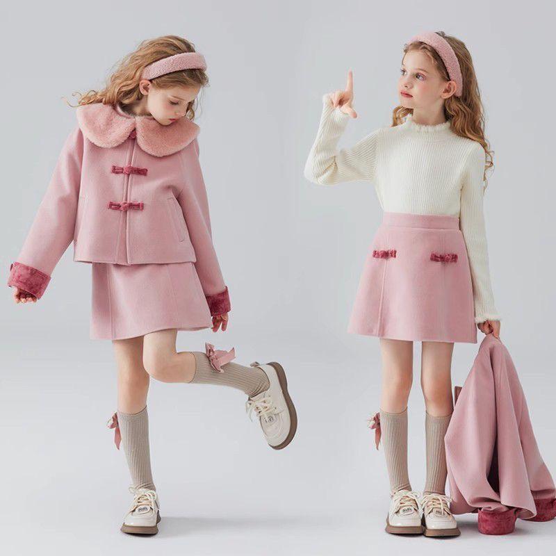 女の子 秋冬 コート セット スカート セット かわいい フラップカラー 長袖 ピンク コットン 毛布 柔らかい 厚手 暖か 潮 ファッション 子供服 セットアップ 女児 洋気 単色 セット 冬服