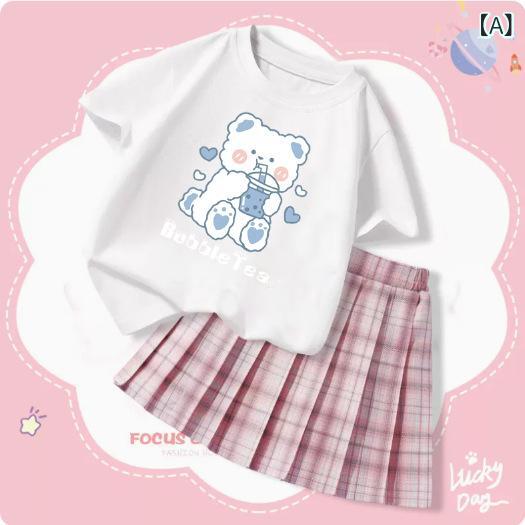 キッズ 女の子 春夏 セットアップ トップス スカート 純棉 短袖 チェック柄 かわいい プリント 軽量 通気性 吸湿速乾 普段使い 遊び着 3-8歳 100-140cm サイズ展開 夏服 子供服 かわいい 動物モチーフ 女児 ファッション セット コッ