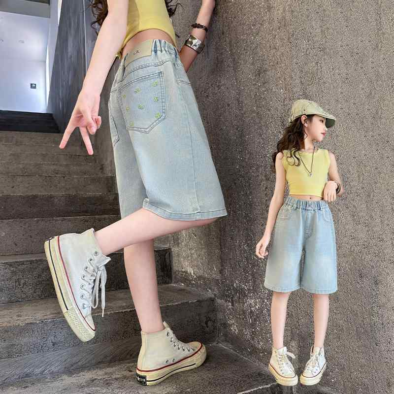 キッズ 女の子 デニム ショートパンツ 夏 綿 柔軟 加工 純色 中腰 皮バンド 腰帯 学生 普段使い 軽量 伸縮性 吸湿速乾 120cm 130cm 140cm 150cm 160cm 170cm