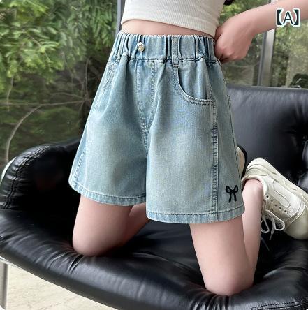 女児 ショートパンツ キッズ 女の子 夏用 牛仔 デニム 薄手 軽量 柔らかい 酵素洗い 刺繍 蝶結び 抽象柄 中腰 伸縮性 ポリエステル 混紡 ブルー 120cm 130cm 140cm 150cm 160cm 170cm 180cm