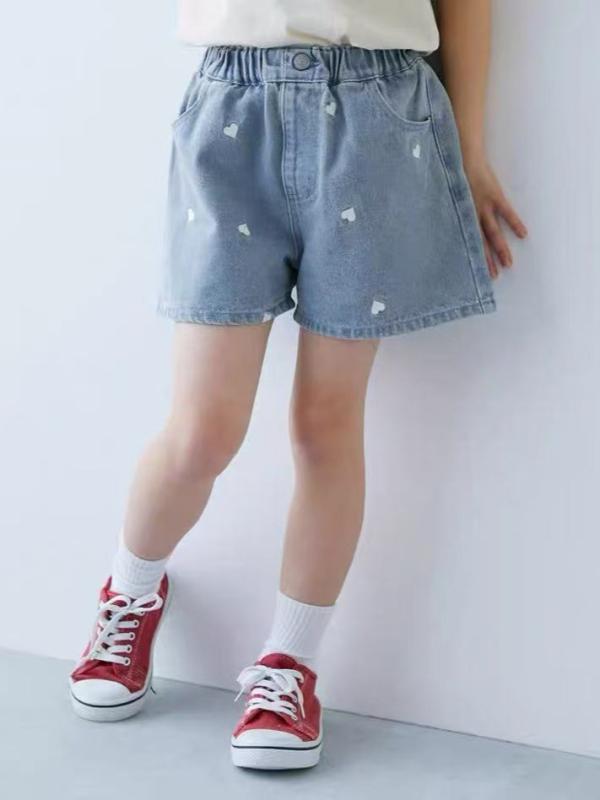 女児 ショートパンツ 女童 綿 牛仔 刺繍 桃心 花柄 かわいい デザイン 軽量 柔軟 加工 夏 春夏 基本 スタイル カジュアル 普段使い 切り替え ワイド フィット ミッドライズ ライトブルー ダークグレー 中小児 3～8歳 110～140cm 通気