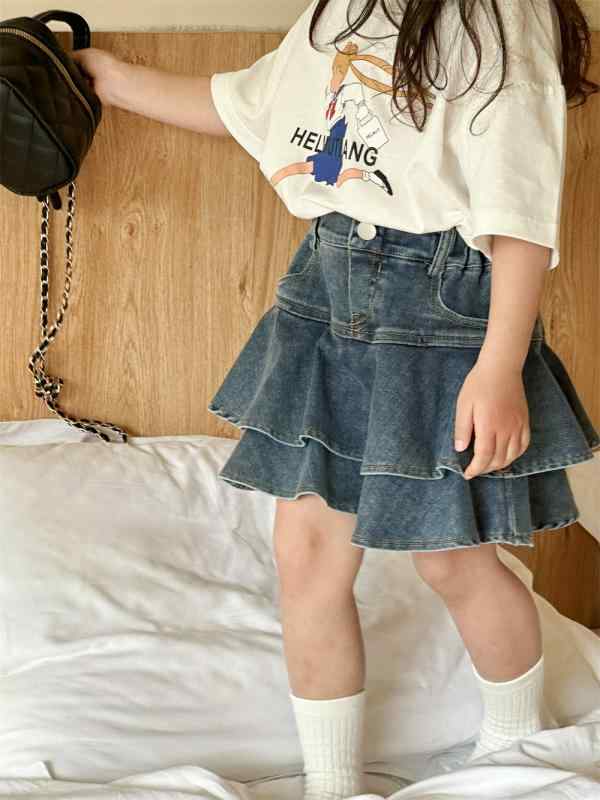 女児 スカートパンツ 女の子用 春夏 デニム ショートパンツ 綿素材 柔らかい かわいい フレア フリル 復古風 ミッドライズ ゴムウエスト ブルー 3-8歳 中小児 100-140cm 通学 遊び着