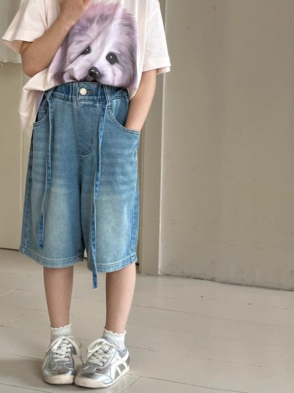女児 デニムパンツ キッズ 牛仔 綿 柔軟素材 夏 春夏 キャミソール かわいい 田園 英倫 プリンセス トレンド 中腰 ゴムウエスト ブルー 120cm 130cm 140cm 150cm 160cm 170cm