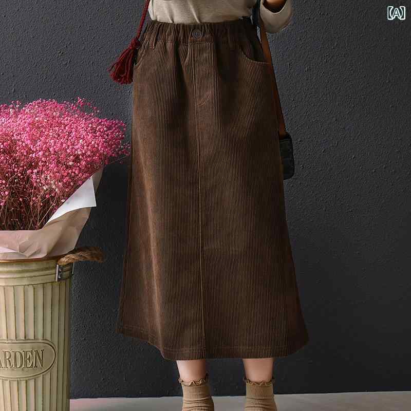 女児用 スカート 半身スカート 中長丈 秋冬 復古 高腰 コットン 灯芯? 保暖 Aライン 純色 栗色 燕麦色 子供服 女の子 暖かみ レトロスタイル コットン60パーセント 日常使い 秋冬向け 暖かいスカート 女児ファッション コットン素材 保湿性