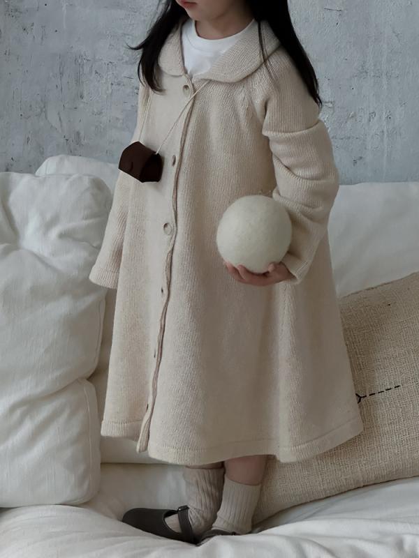 女児 ニット スカート トップス 秋冬 長袖 連衣 スカート 女の子 子供服 ミドルレングス 翻領 単排ボタン 純色 混紡 アクリアン素材 柔らか 普通厚み トレンド スタイリッシュ ミディアム グレー アイボリー 3-8歳 中小童 通学 日常 室内 暖