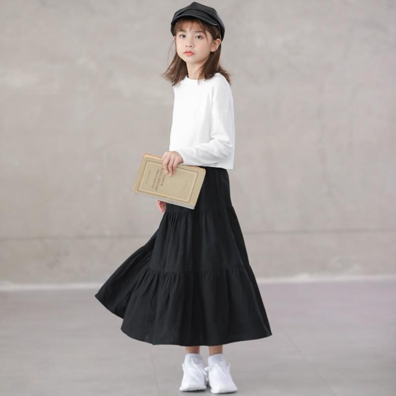 女児スカート 女の子用 春夏 ミッドキッズ 黒 純色 Aライン プリンセス ゆったり ウエストゴム スリム 切り替え フレア プリーツ 半身スカート ロング 洗水綿 100% コットン 軽量 通気性 伸縮性 普段使い 学校 遊び着 安全 Bクラス