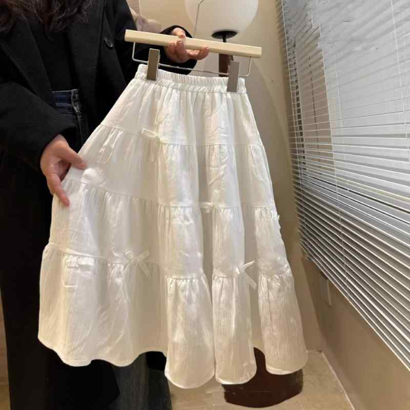 女の子 スカート キッズ 半身 プリンセス スカート 春夏 かわいい 甘め デザイン 純色 白色 綿 素材 コットン 100% 接触冷感 軽量 伸縮性 夏用 通学 普段使い ミディアム 丈 フレア スカート 蝶結び アクセント ビッグ シルエット 吸湿速