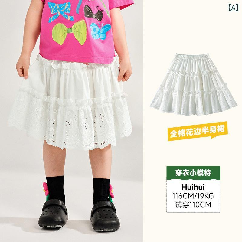 女児 スカート 半身裙 綿100% プリンセス風 甘め フリル レイヤード Aライン 夏 かわいい 通気性 軽量 シンプル 純色 女の子 子供服 トップス ボトムス インナー