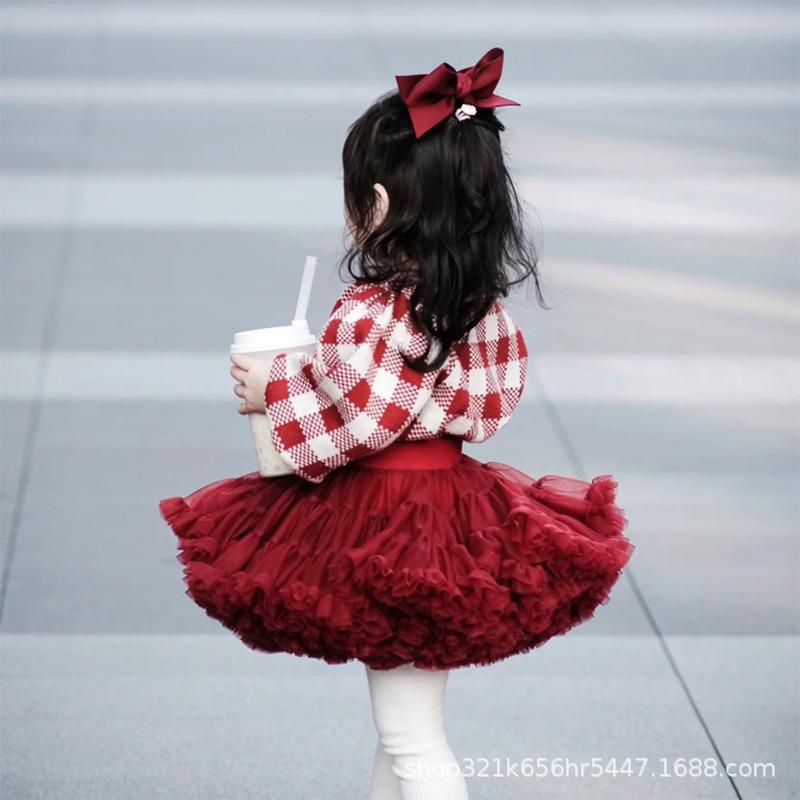 女の子 子供服 セット トップス 格子柄ニット ショートパンツ チュチュスカート 網? フレアスカート プリンセスドレス Aライン ケーキスカート 柔らか素材 綿ライニング 酒赤 ピンク系 アイボリー 春秋 かわいい 普段使い 軽量 伸縮性